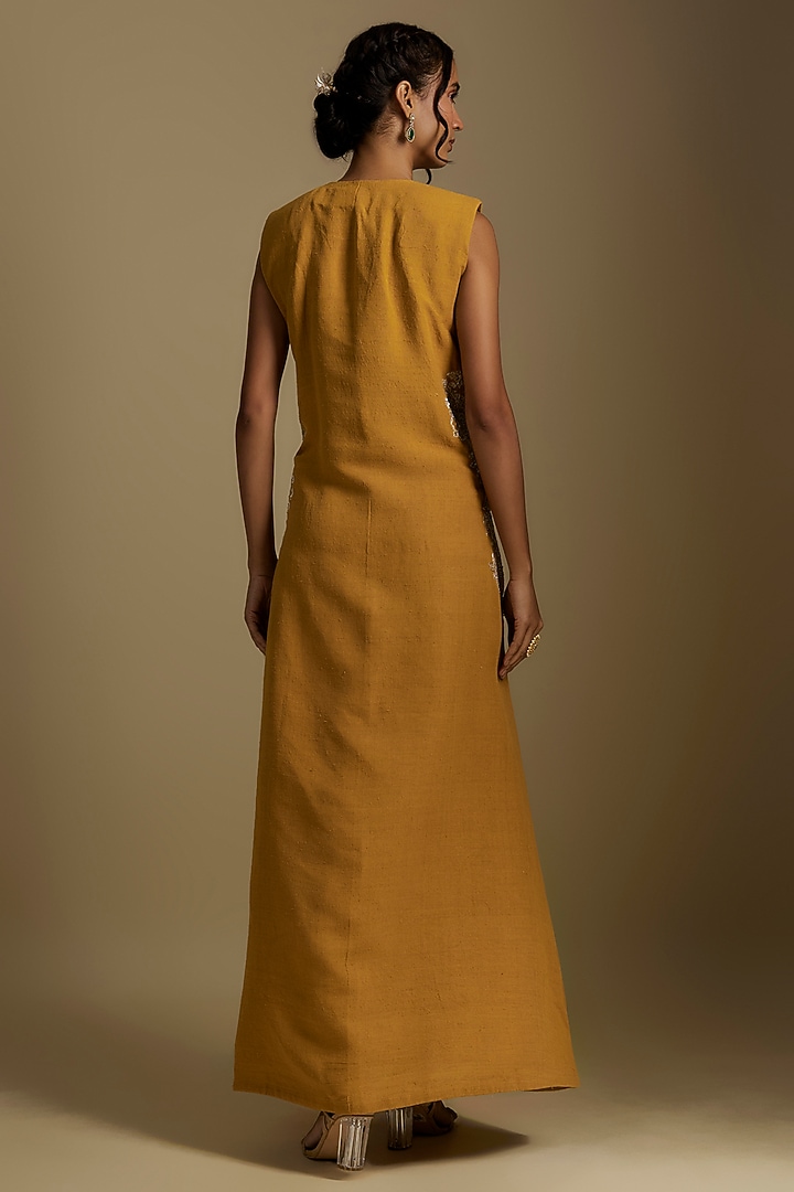 Yellow Matka Silk Pearl Hand Embroidered Cocktail Dress by Mrunalini Rao at Pernia's Pop Up Shop