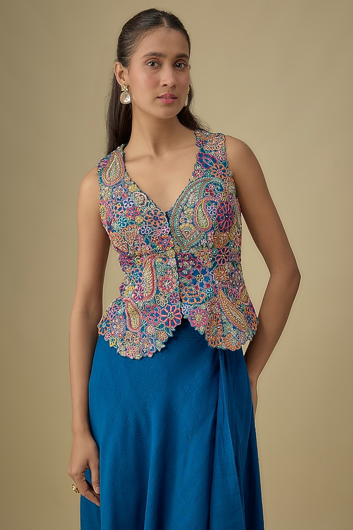 Royal Blue Raw Silk & Matka Silk Skirt Set by Mrunalini Rao at Pernia's Pop Up Shop