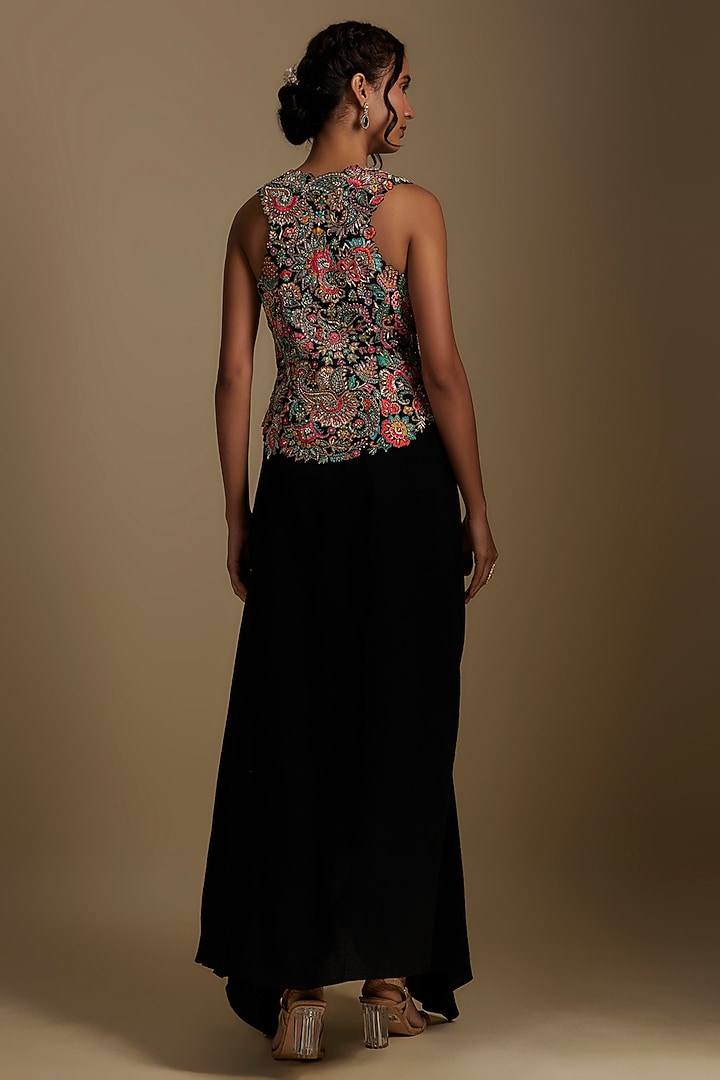 Black Matka Silk Draped Skirt Set by Mrunalini Rao at Pernia's Pop Up Shop