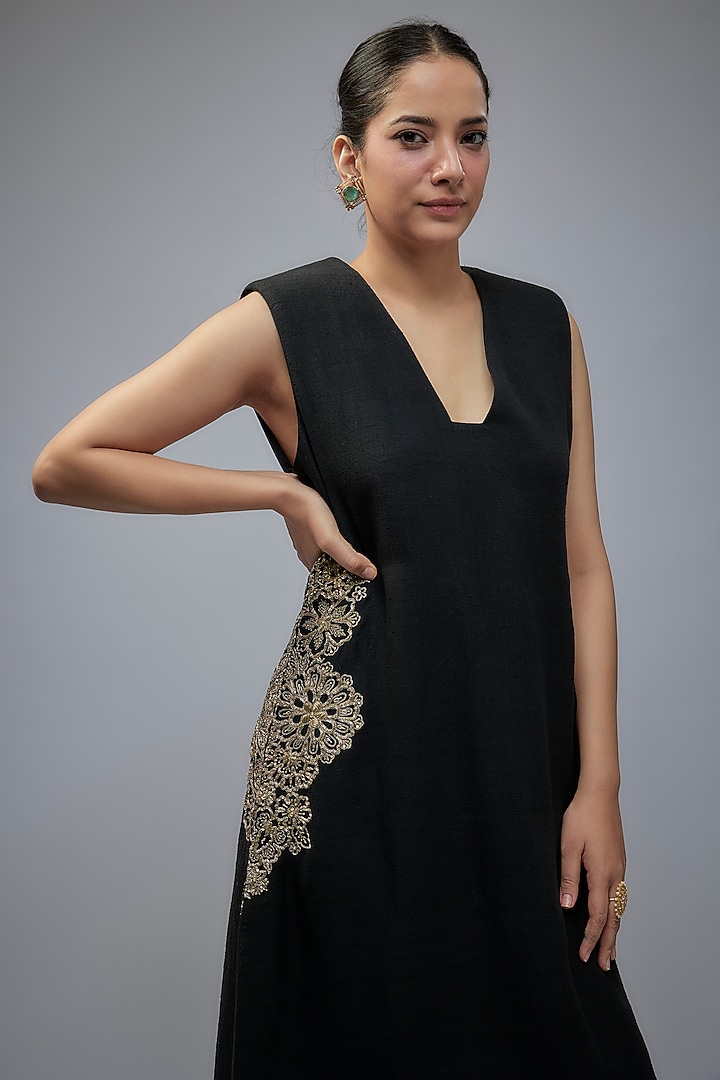 Black Matka Silk Hand Embroidered Cocktail Dress by Mrunalini Rao at Pernia's Pop Up Shop