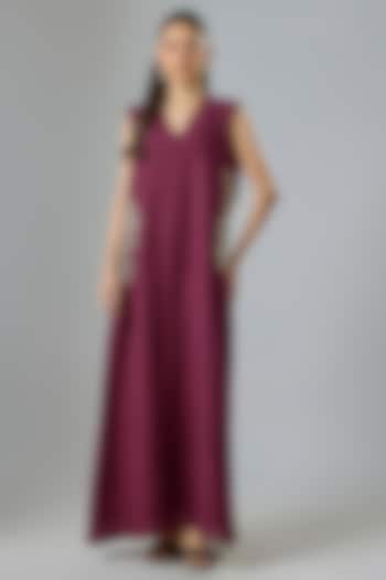 Burgundy Matka Silk Hand Embroidered Cocktail Dress by Mrunalini Rao at Pernia's Pop Up Shop