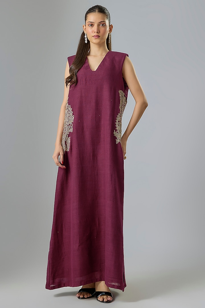 Burgundy Matka Silk Hand Embroidered Cocktail Dress by Mrunalini Rao at Pernia's Pop Up Shop