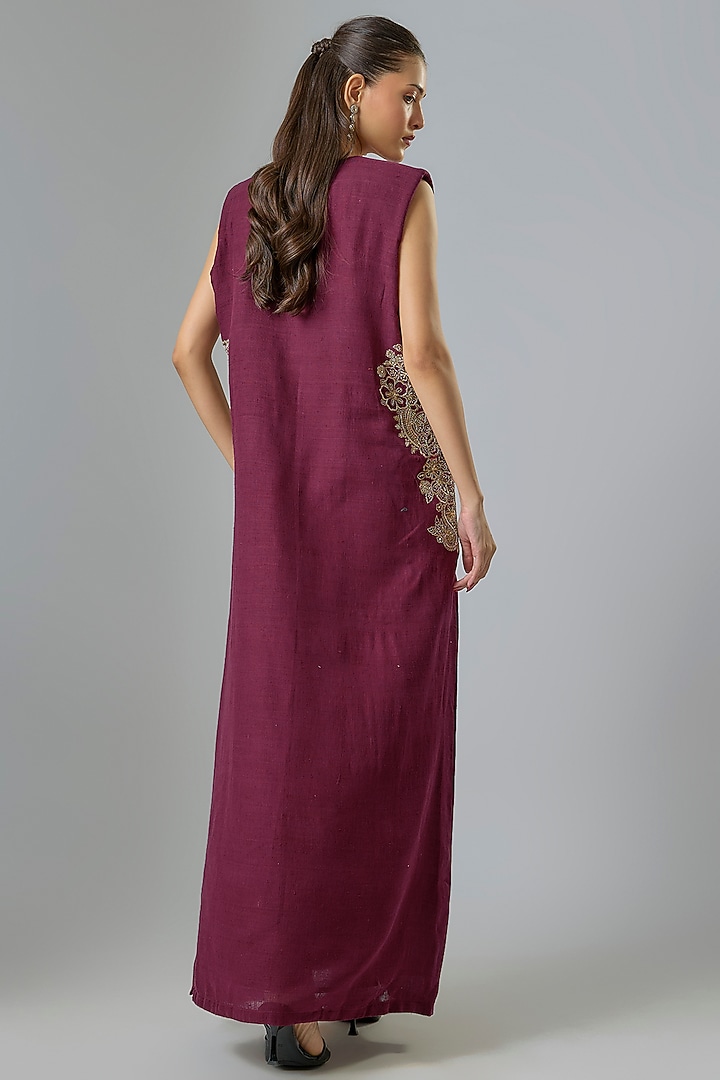 Burgundy Matka Silk Hand Embroidered Cocktail Dress by Mrunalini Rao at Pernia's Pop Up Shop