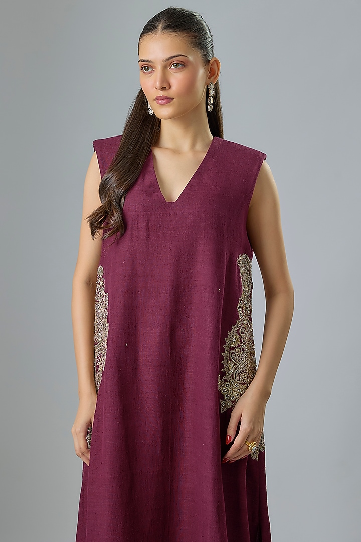 Burgundy Matka Silk Hand Embroidered Cocktail Dress by Mrunalini Rao at Pernia's Pop Up Shop