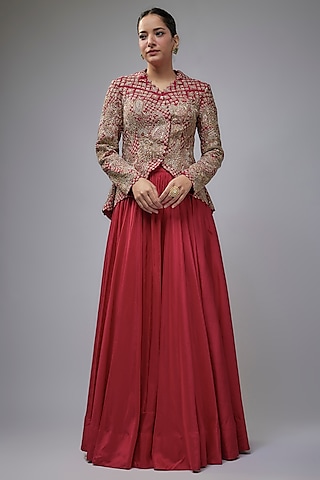 Red Raw Silk Jacket Set by Mrunalini Rao