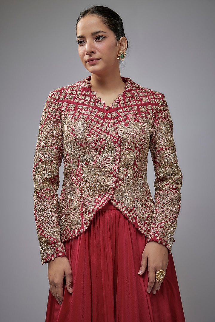 Red Raw Silk Jacket Set by Mrunalini Rao at Pernia's Pop Up Shop