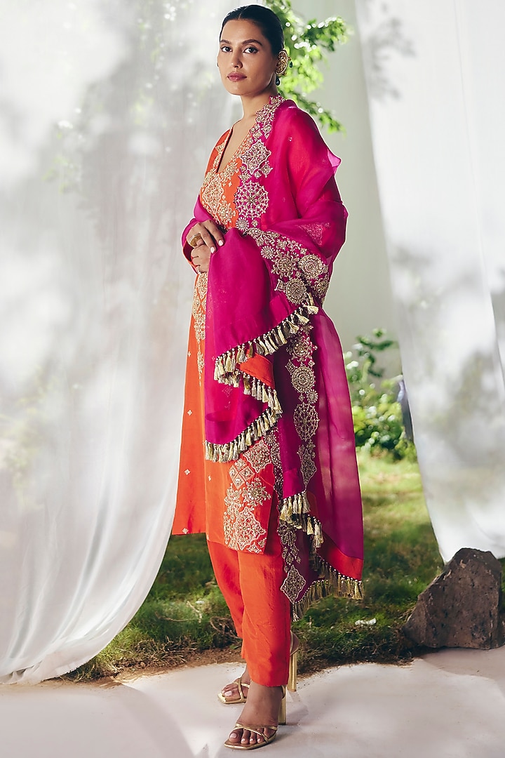 Orange Silk Zardosi Hand Embroidered Kurta Set by Mrunalini Rao at Pernia's Pop Up Shop