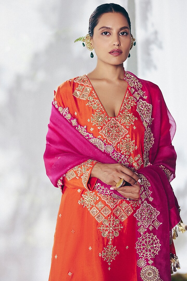 Orange Silk Zardosi Hand Embroidered Kurta Set by Mrunalini Rao at Pernia's Pop Up Shop