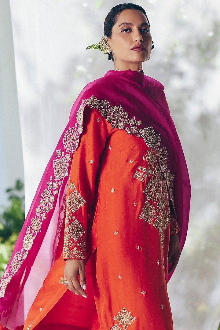 Orange Silk Zardosi Hand Embroidered Kurta Set by Mrunalini Rao at Pernia's Pop Up Shop