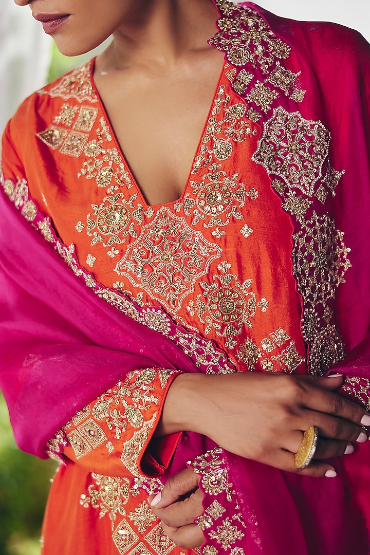 Orange Silk Zardosi Hand Embroidered Kurta Set by Mrunalini Rao at Pernia's Pop Up Shop