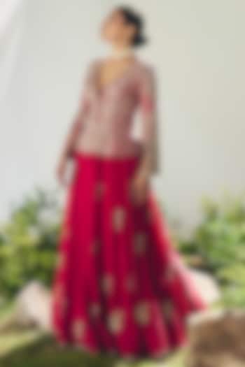 Red Silk Zardosi & Paisley Motif Hand Embroidered Bridal Lehenga Set by Mrunalini Rao at Pernia's Pop Up Shop