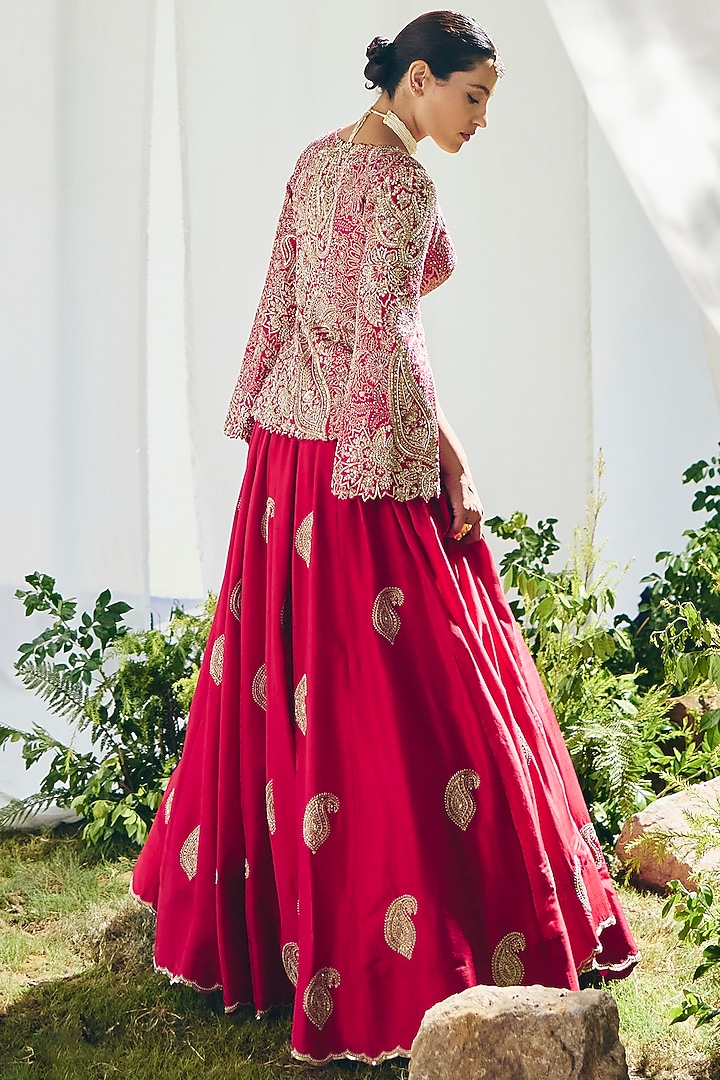 Red Silk Zardosi & Paisley Motif Hand Embroidered Bridal Lehenga Set by Mrunalini Rao at Pernia's Pop Up Shop