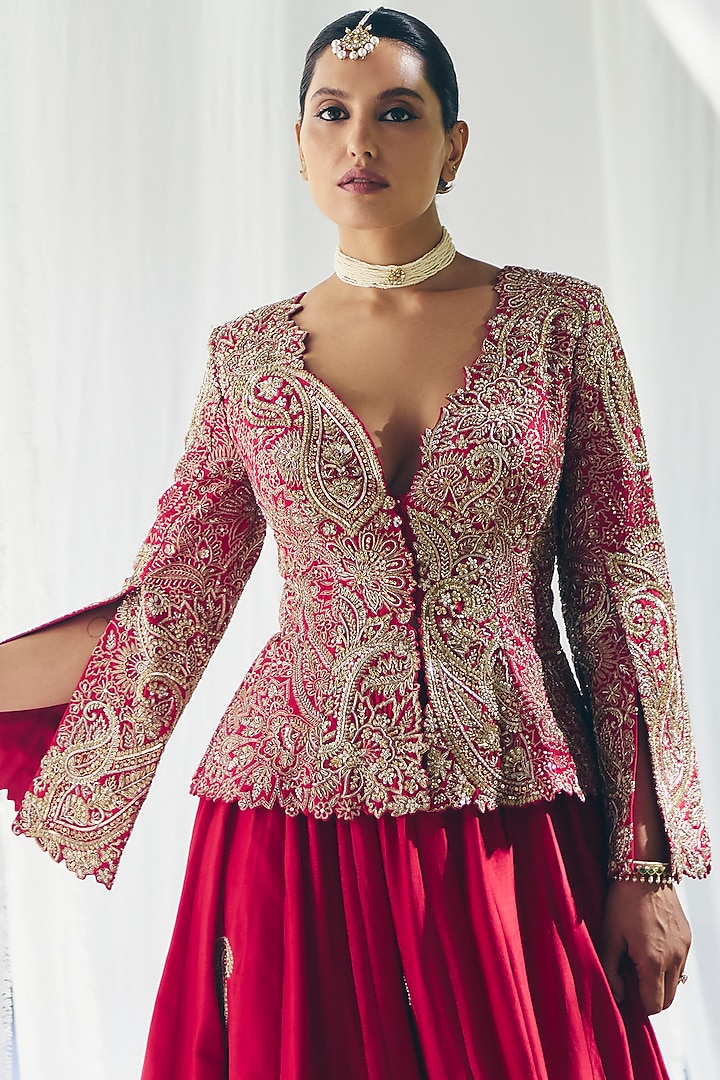Red Silk Zardosi & Paisley Motif Hand Embroidered Bridal Lehenga Set by Mrunalini Rao at Pernia's Pop Up Shop