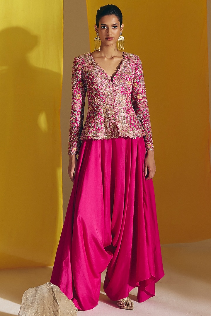 Fuchsia Pink Raw Silk Zardosi Hand Embroidered Jacket Set by Mrunalini Rao at Pernia's Pop Up Shop