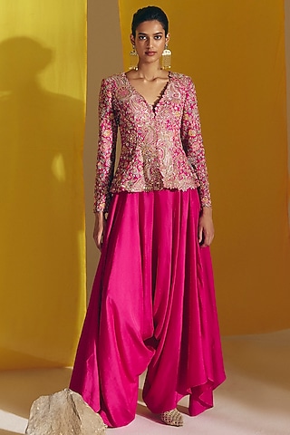 Fuchsia Pink Raw Silk Zardosi Hand Embroidered Jacket Set by Mrunalini Rao