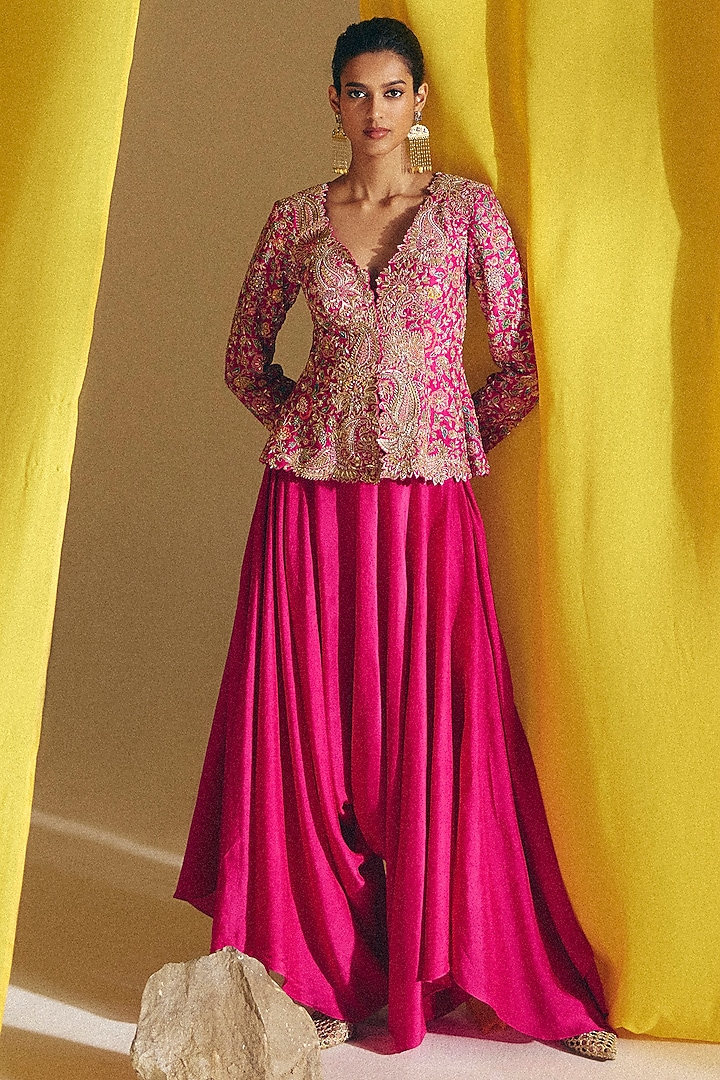 Fuchsia Pink Raw Silk Zardosi Hand Embroidered Jacket Set by Mrunalini Rao at Pernia's Pop Up Shop