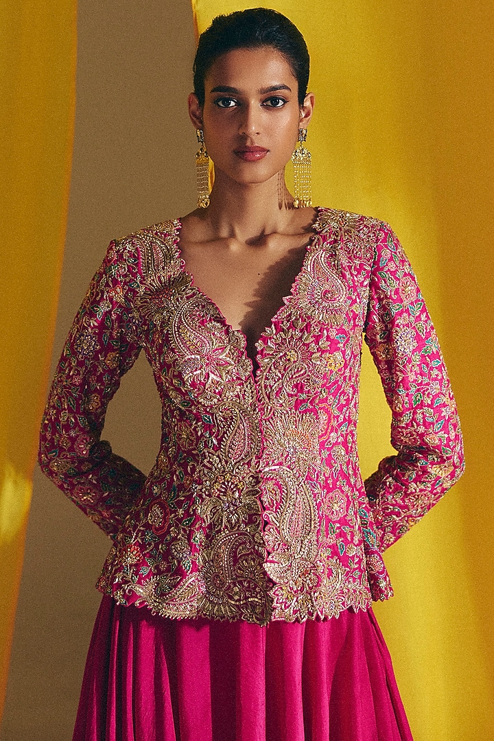 Fuchsia Pink Raw Silk Zardosi Hand Embroidered Jacket Set by Mrunalini Rao at Pernia's Pop Up Shop