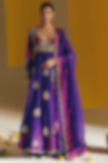 Purple Silk Geometric Motif Embroidered Bridal Anarkali Set by Mrunalini Rao at Pernia's Pop Up Shop