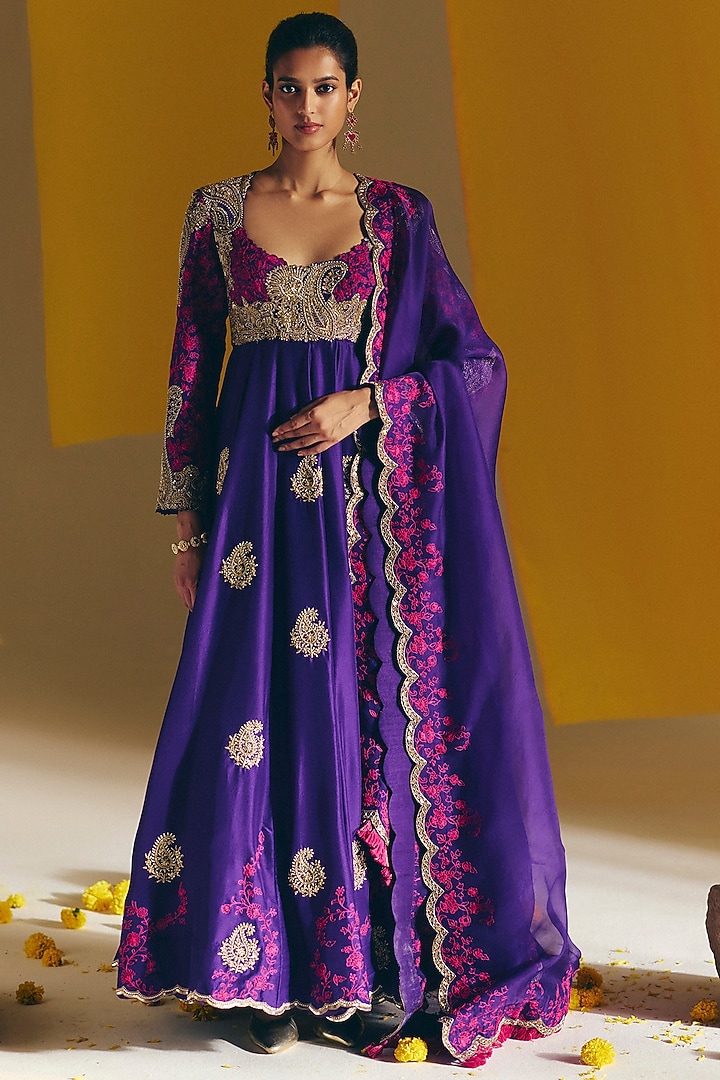 Purple Silk Geometric Motif Embroidered Bridal Anarkali Set by Mrunalini Rao at Pernia's Pop Up Shop
