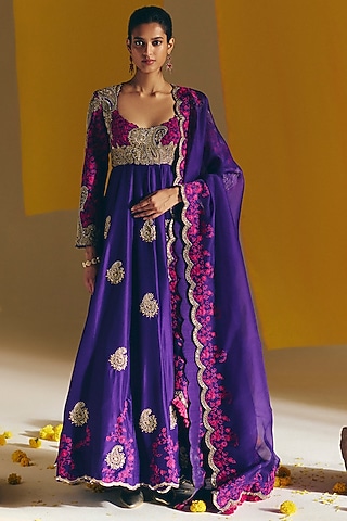 Purple Silk Geometric Motif Embroidered Anarkali Set by Mrunalini Rao