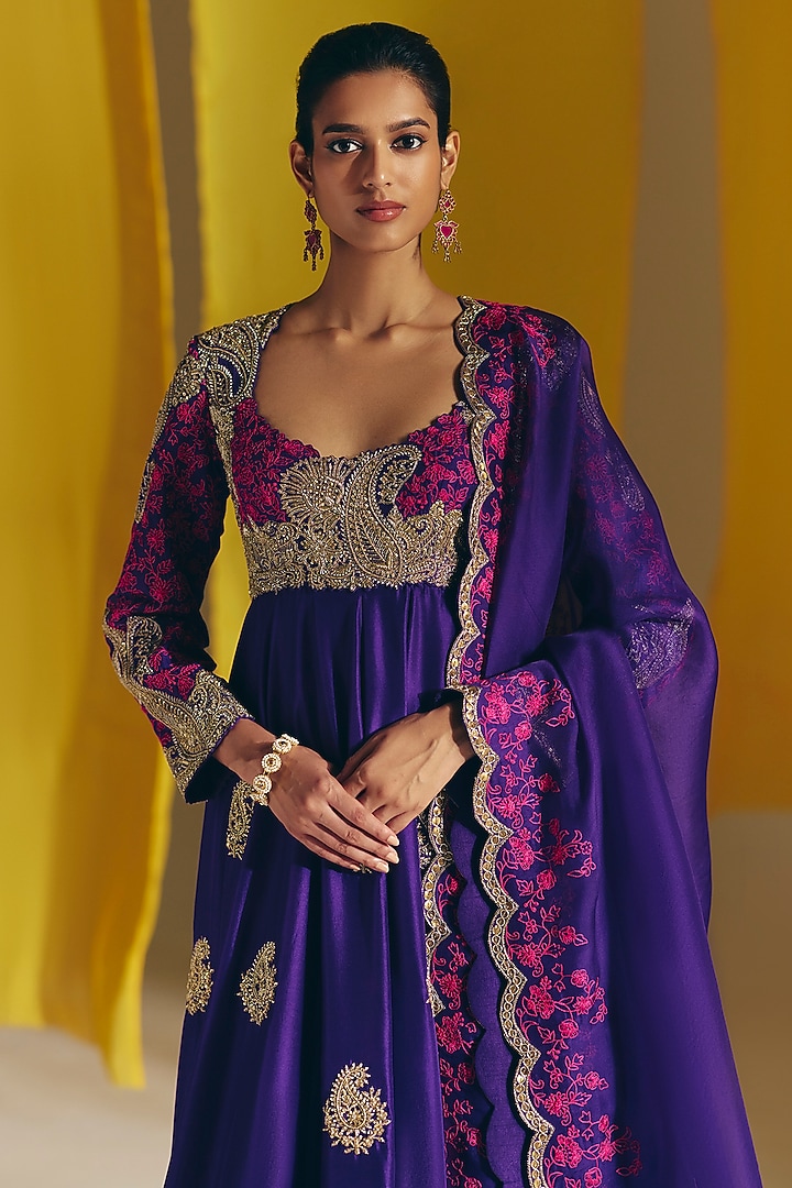 Purple Silk Geometric Motif Embroidered Bridal Anarkali Set by Mrunalini Rao at Pernia's Pop Up Shop