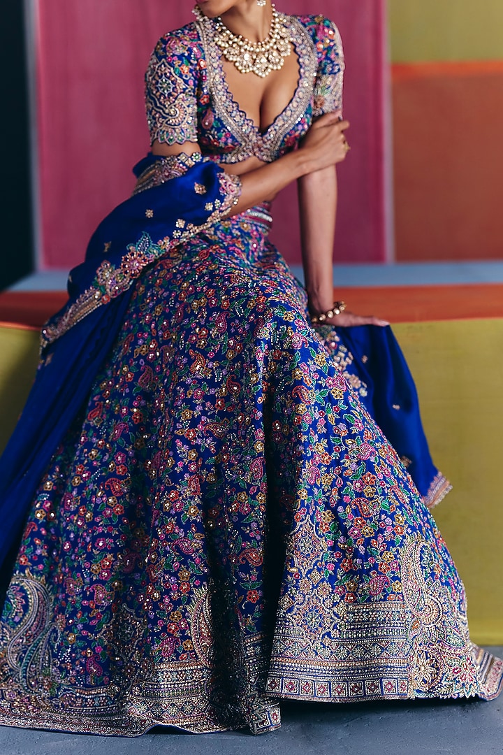 Royal Blue Raw Silk Zardosi Embroidered Bridal Lehenga Set by Mrunalini Rao at Pernia's Pop Up Shop