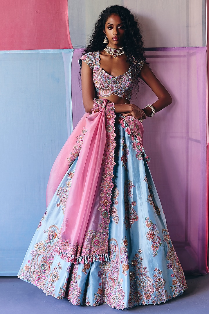 Ice Blue Silk Zardosi Embroidered Bridal Lehenga Set by Mrunalini Rao at Pernia's Pop Up Shop