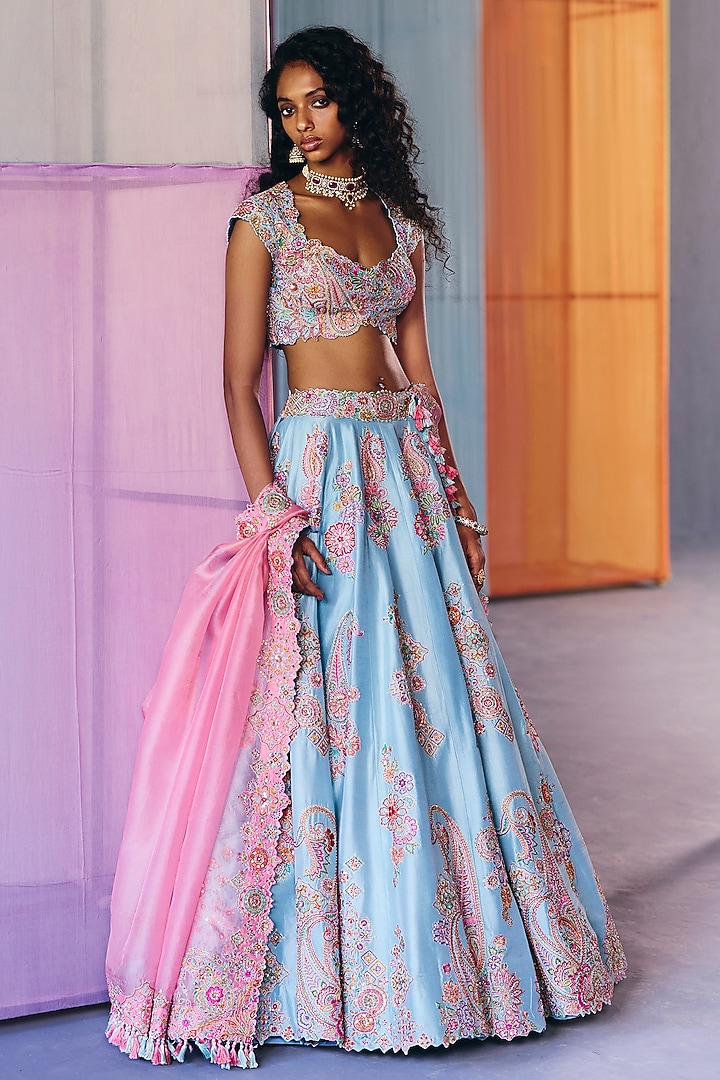Ice Blue Silk Zardosi Embroidered Bridal Lehenga Set by Mrunalini Rao at Pernia's Pop Up Shop