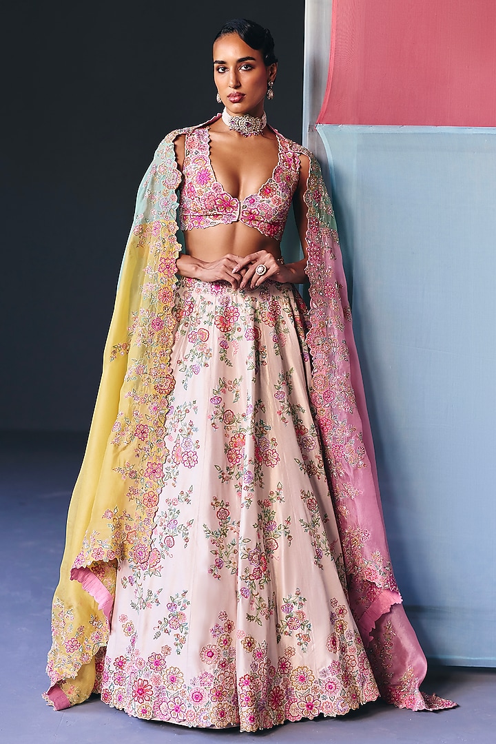 Ivory Silk Zardosi & Floral Embroidered Bridal Lehenga Set by Mrunalini Rao at Pernia's Pop Up Shop