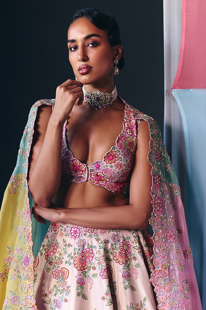 Ivory Silk Zardosi & Floral Embroidered Bridal Lehenga Set by Mrunalini Rao at Pernia's Pop Up Shop