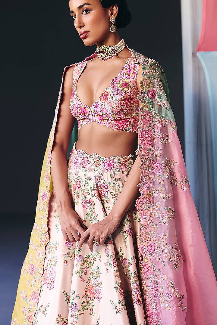 Ivory Silk Zardosi & Floral Embroidered Bridal Lehenga Set by Mrunalini Rao at Pernia's Pop Up Shop