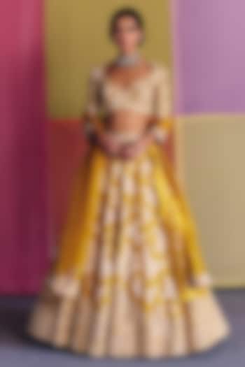 Yellow Silk Zardosi & Pearl Embroidered Bridal Lehenga Set by Mrunalini Rao at Pernia's Pop Up Shop