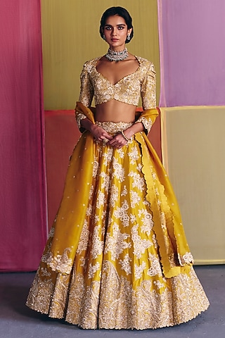 Yellow Silk Zardosi & Pearl Embroidered Lehenga Set by Mrunalini Rao