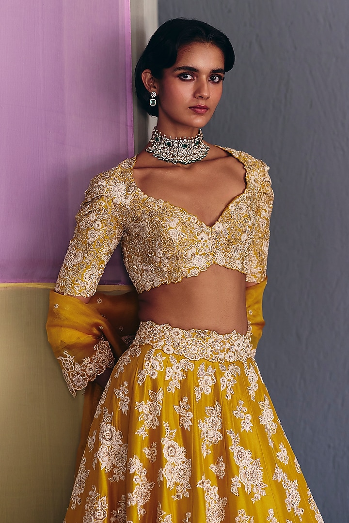 Yellow Silk Zardosi & Pearl Embroidered Bridal Lehenga Set by Mrunalini Rao at Pernia's Pop Up Shop