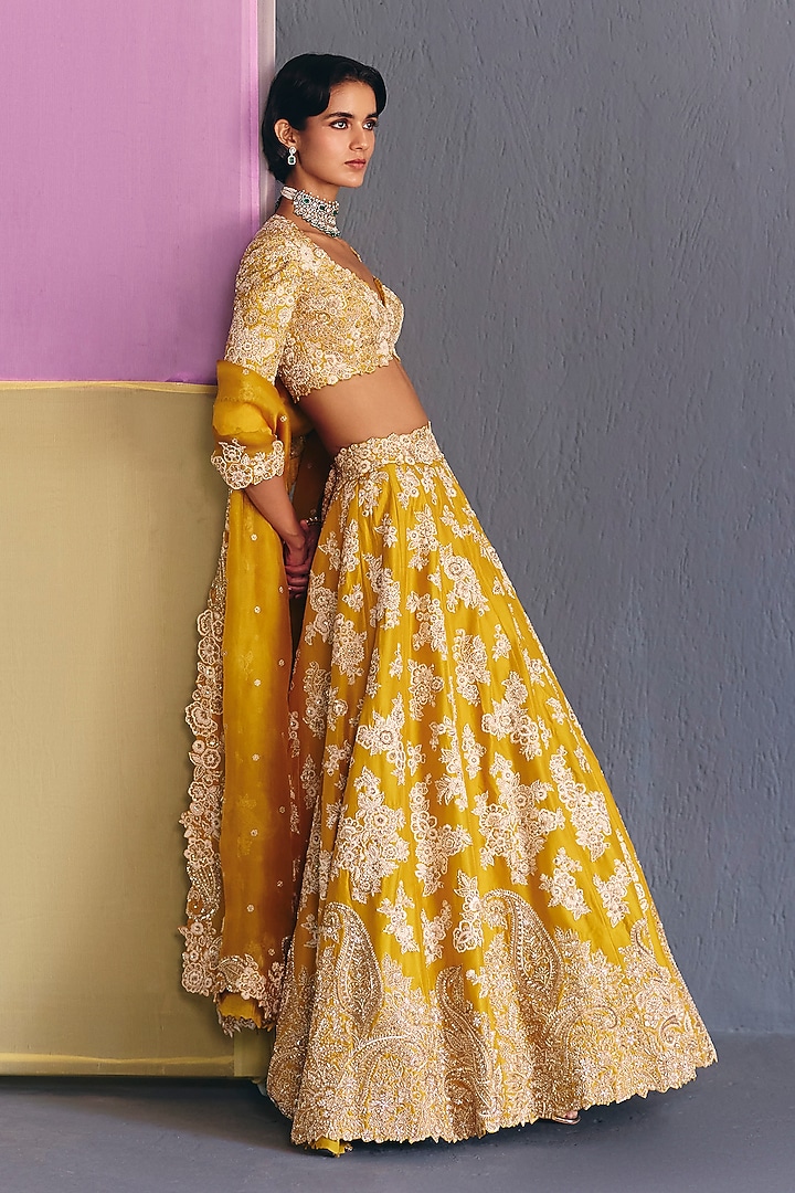 Yellow Silk Zardosi & Pearl Embroidered Bridal Lehenga Set by Mrunalini Rao at Pernia's Pop Up Shop