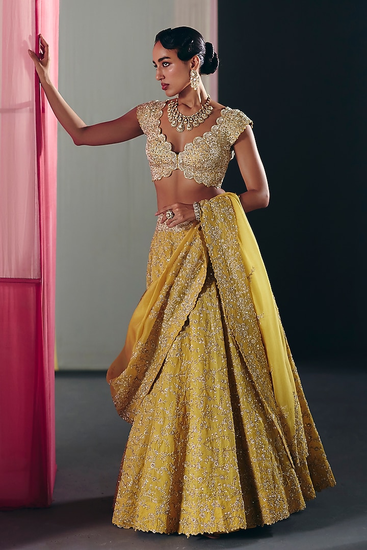 Yellow Satin Organza Zardosi Embroidered Bridal Lehenga Set by Mrunalini Rao at Pernia's Pop Up Shop