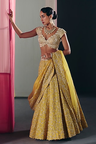 Yellow Satin Organza Zardosi Embroidered Lehenga Set by Mrunalini Rao