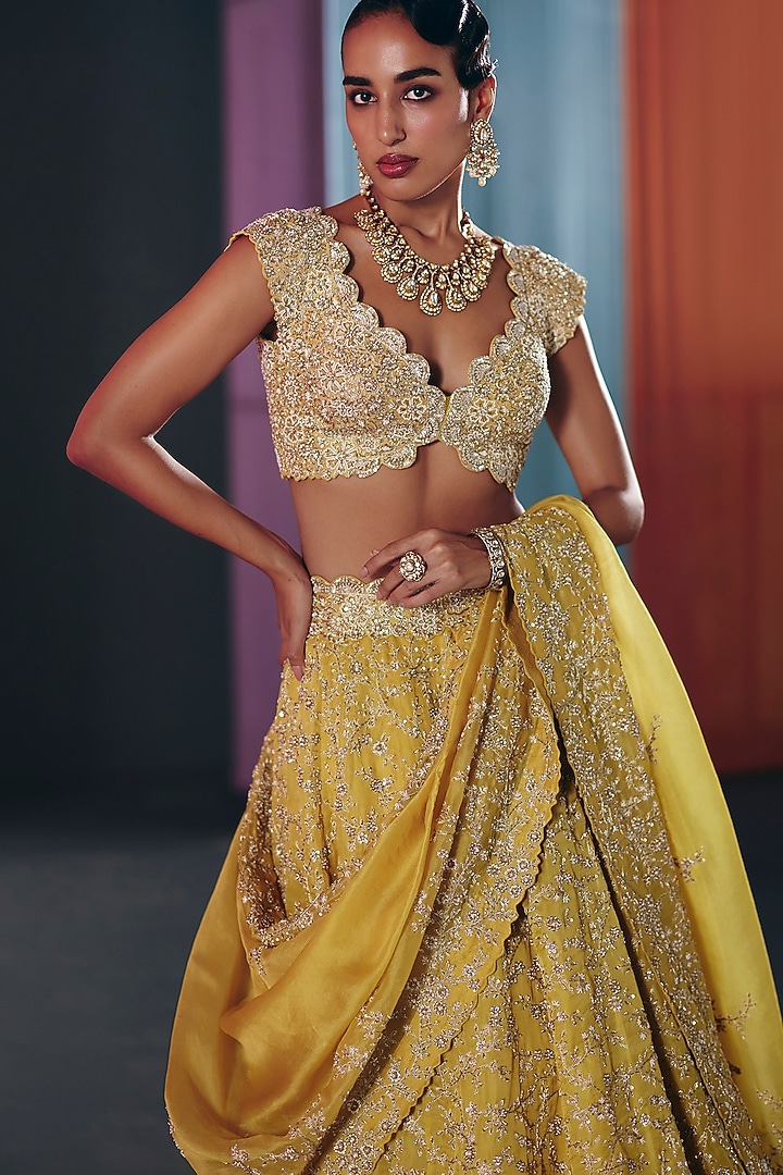 Yellow Satin Organza Zardosi Embroidered Bridal Lehenga Set by Mrunalini Rao at Pernia's Pop Up Shop