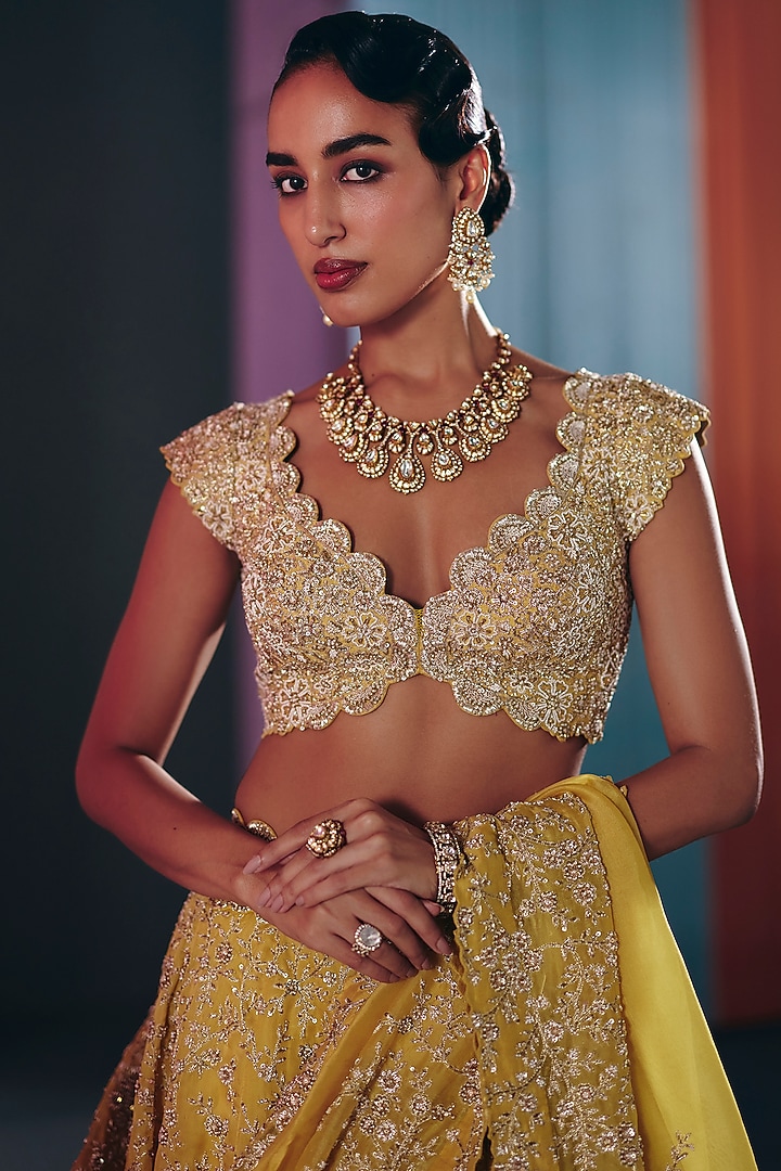 Yellow Satin Organza Zardosi Embroidered Bridal Lehenga Set by Mrunalini Rao at Pernia's Pop Up Shop