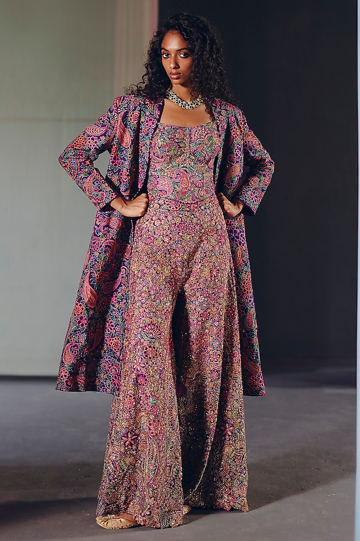 Purple Raw Silk Zardosi Embroidered Trench Coat Set by Mrunalini Rao at Pernia's Pop Up Shop