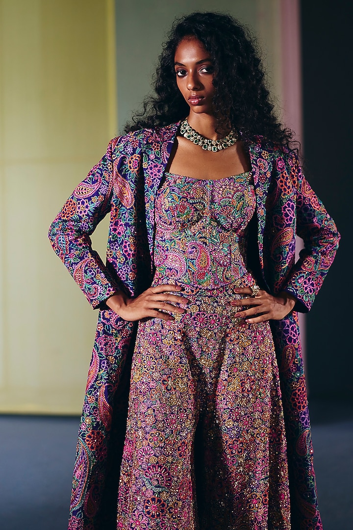 Purple Raw Silk Zardosi Embroidered Trench Coat Set by Mrunalini Rao at Pernia's Pop Up Shop