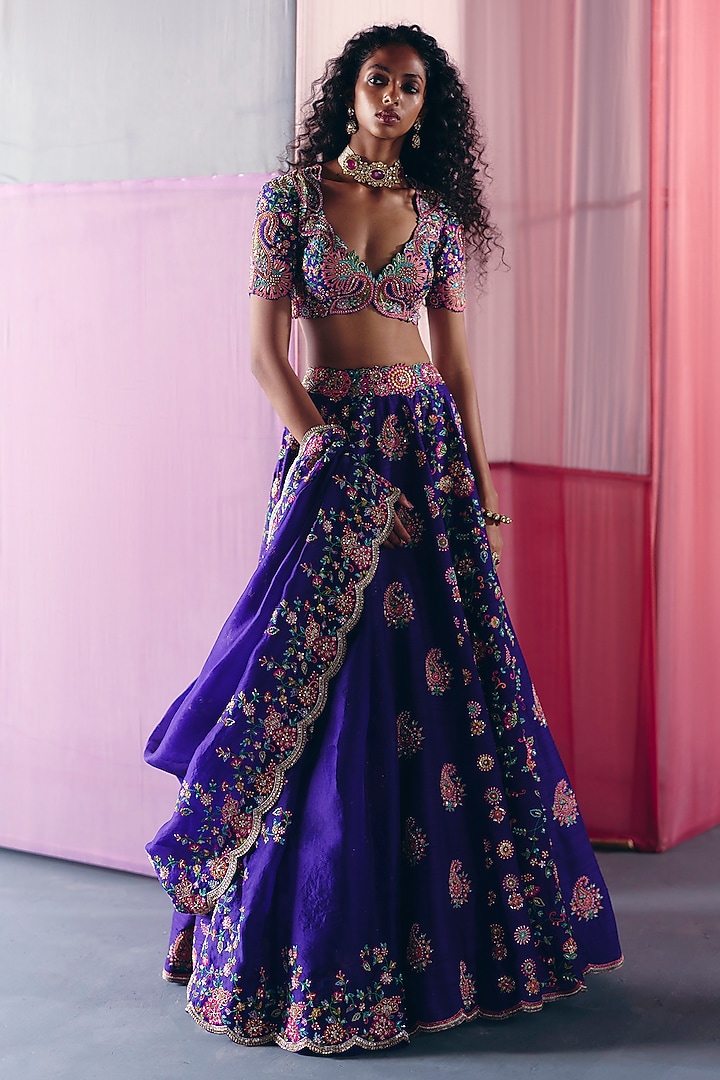Purple Raw Silk Zardosi Embroidered Bridal Lehenga Set by Mrunalini Rao at Pernia's Pop Up Shop