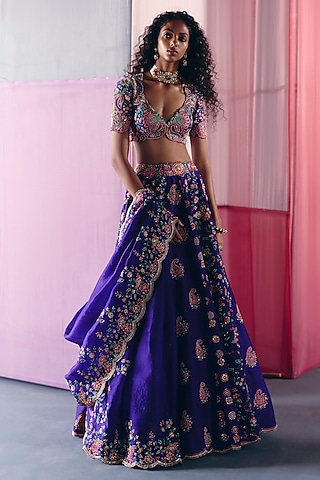 Purple Raw Silk Zardosi Embroidered Lehenga Set by Mrunalini Rao