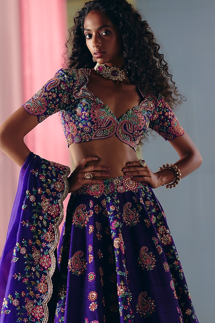 Purple Raw Silk Zardosi Embroidered Bridal Lehenga Set by Mrunalini Rao at Pernia's Pop Up Shop