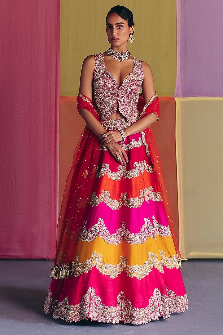 Multi-Colored Raw Silk Floral Embroidered Bridal Lehenga Set by Mrunalini Rao at Pernia's Pop Up Shop
