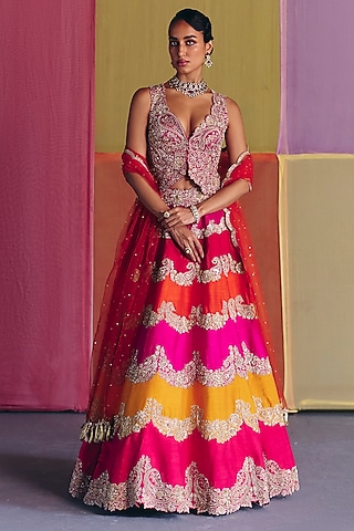 Multi-Colored Raw Silk Floral Embroidered Lehenga Set by Mrunalini Rao