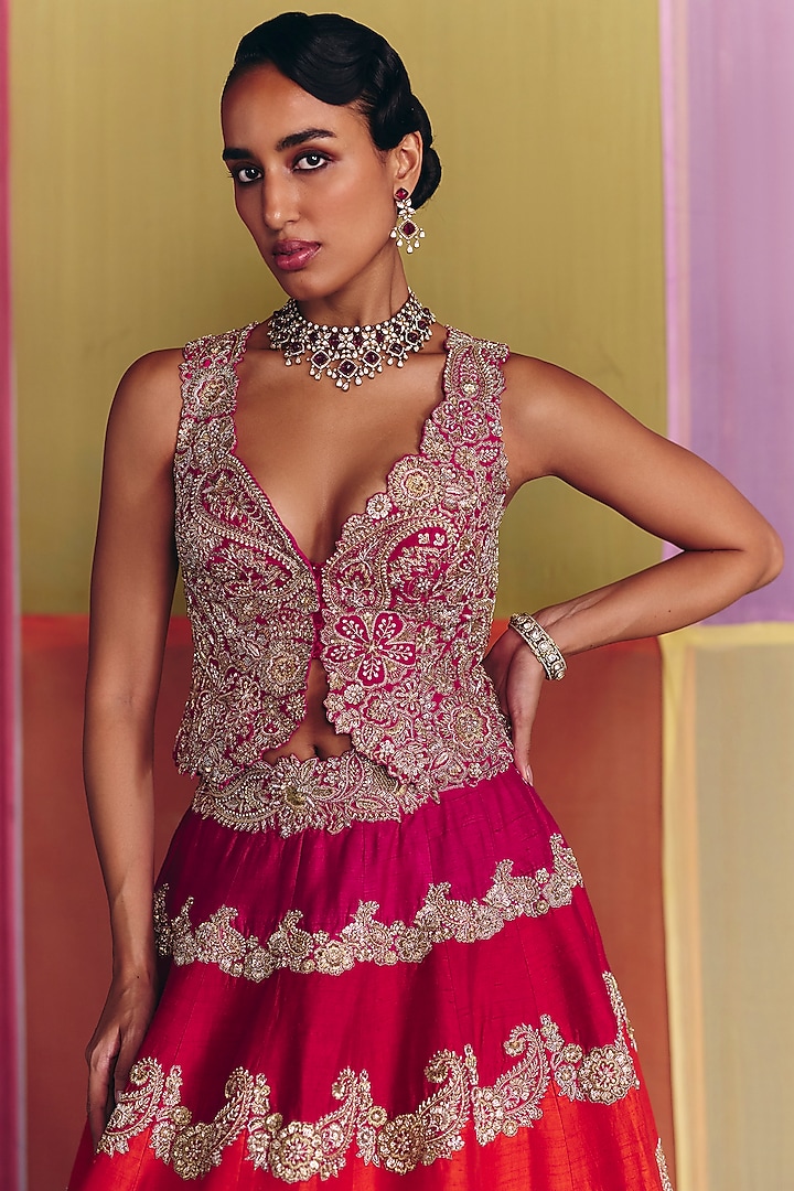 Multi-Colored Raw Silk Floral Embroidered Bridal Lehenga Set by Mrunalini Rao at Pernia's Pop Up Shop