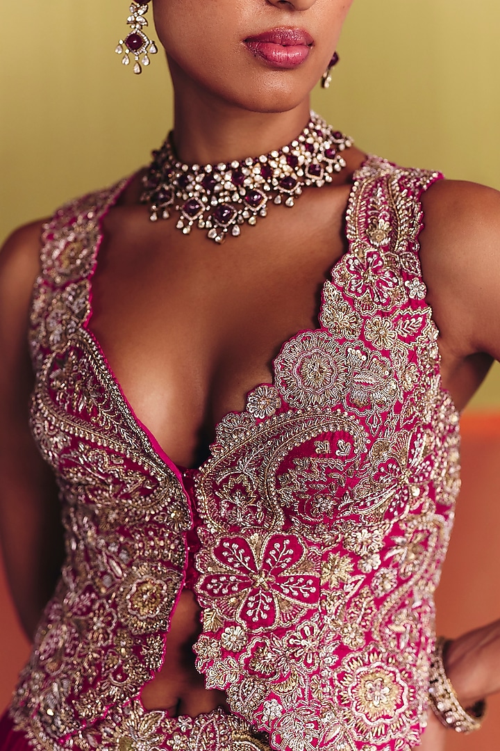 Multi-Colored Raw Silk Floral Embroidered Bridal Lehenga Set by Mrunalini Rao at Pernia's Pop Up Shop