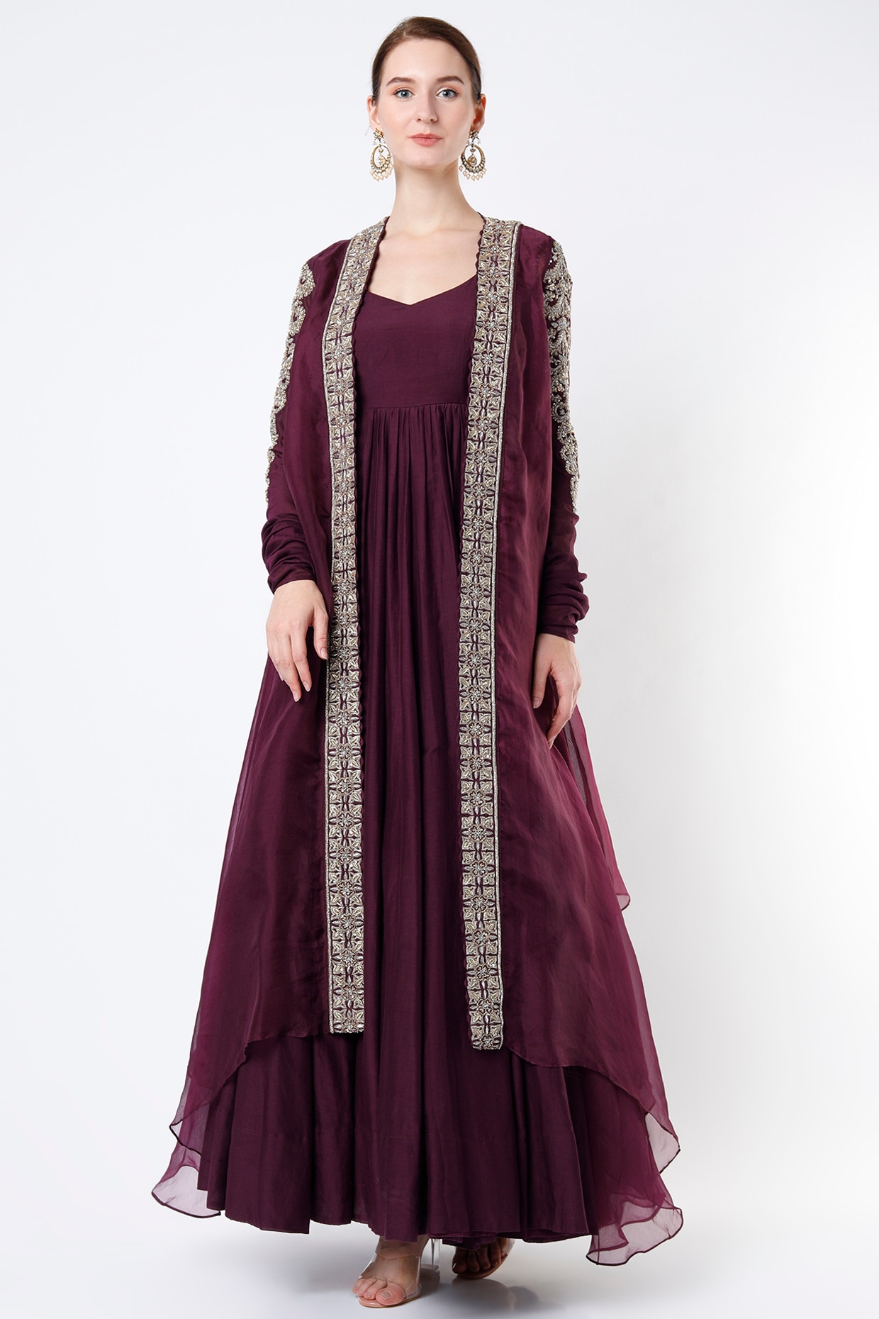 Buy Mrunalini Rao Plum Anarkali With Embroidered Cape at Redfynd