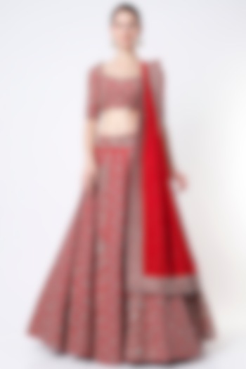 Red Zardosi Embroidered Bridal Lehenga Set by Mrunalini Rao